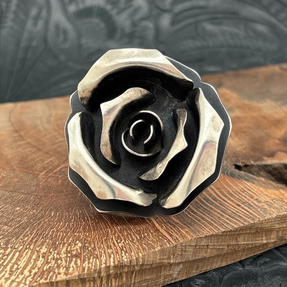 LEANDER TAHE Navajo Sterling Silver 3-D Rose Ring With Wide Adjustable Band